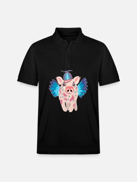 Pastel Winged Pig with Beanie - Stanley/Stella Unisex Organic Polo Shirt PREPSTER - black