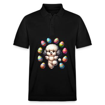 Oster-Pudel Artist, Eier Jonglage - Stanley/Stella Unisex Bio-Poloshirt PREPSTER - Schwarz - Vorne - Roxy (174cm) & Andy (188cm)