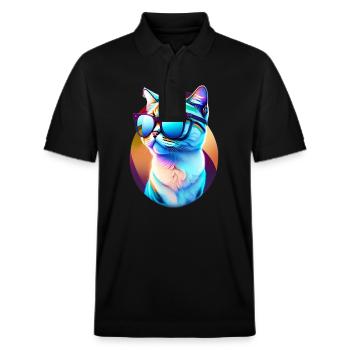 Spectacled cat - Stanley/Stella Unisex Organic Polo Shirt PREPSTER - black - Front - Roxy (174cm) & Andy (188cm)