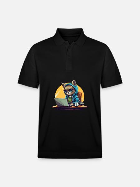 Cool Cat CEO - Start-up Mood with Laptop - Stanley/Stella Unisex Organic Polo Shirt PREPSTER - black