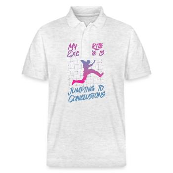 Lieblingsübung Voreilige Schlüsse Kuh-Motiv - Stanley/Stella Unisex Bio-Poloshirt PREPSTER - Weiß meliert - Vorne - Roxy (174cm) & Andy (188cm)