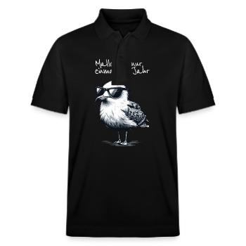 Malle's Only Once a Year Mallorca Seagull Shirt - Stanley/Stella Unisex Organic Polo Shirt PREPSTER - black - Front - Roxy (174cm) & Andy (188cm)