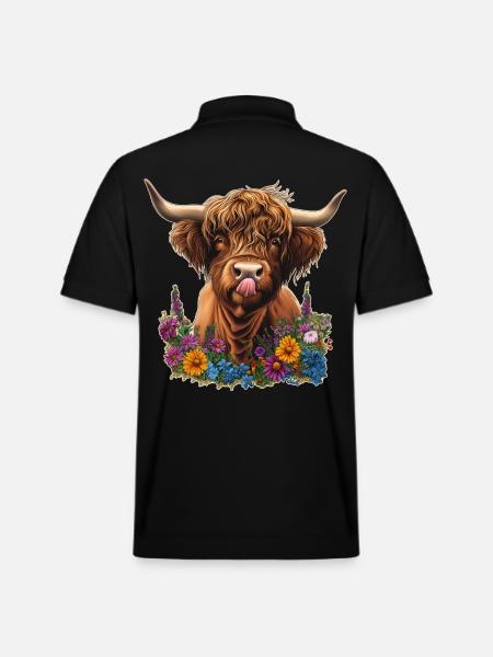 Hochlandrind mit Blumen - Stanley/Stella Unisex Bio-Poloshirt PREPSTER - Schwarz