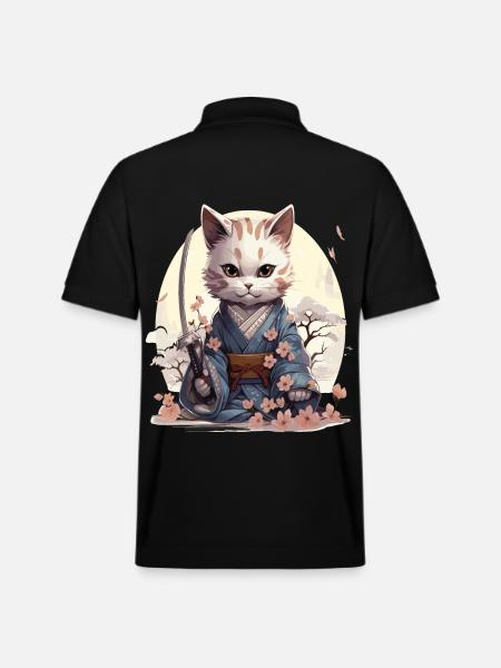 Kawaii Samurai-Katze mit Katana - Stanley/Stella Unisex Bio-Poloshirt PREPSTER - Schwarz