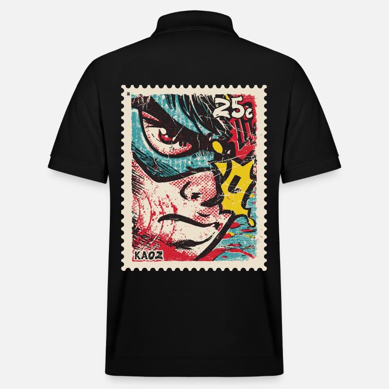 Comic-Held als Retro-Briefmarke - Stanley/Stella Unisex Bio-Poloshirt PREPSTER - Schwarz