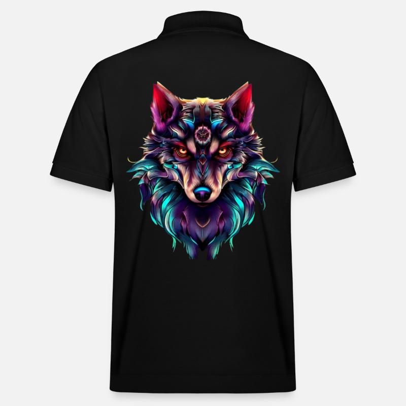 Wolf's Head Synthwave Wolf - Stanley/Stella Unisex Organic Polo Shirt PREPSTER - black