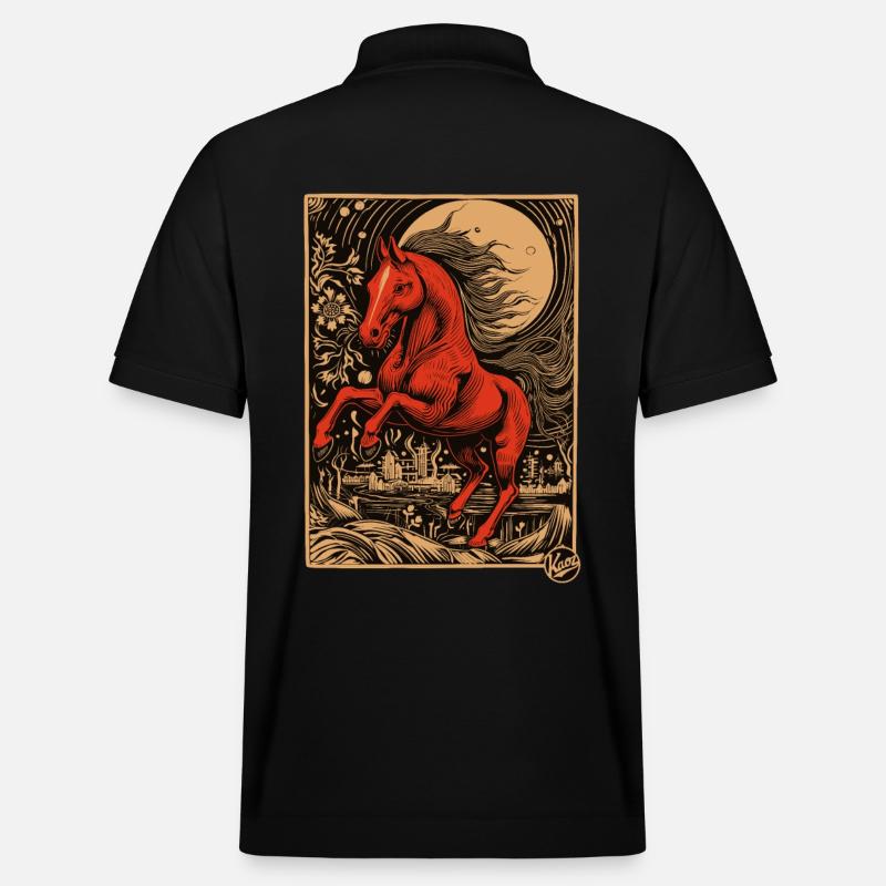 Holzschnitt, ein rotes Pferd - Stanley/Stella Unisex Bio-Poloshirt PREPSTER - Schwarz