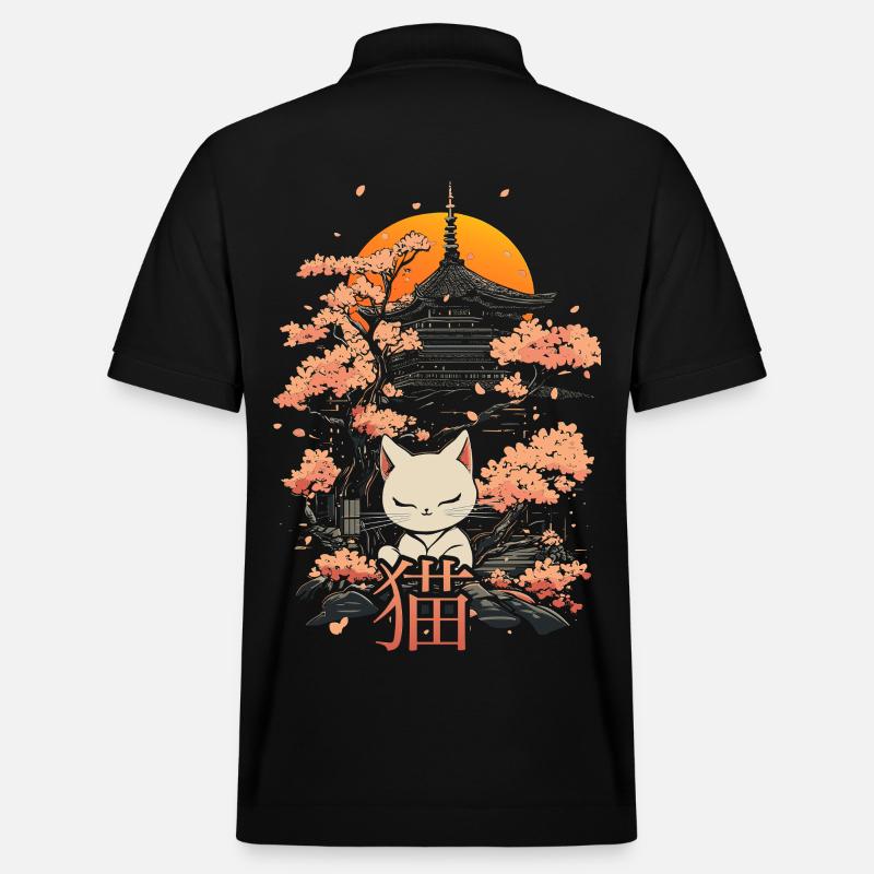 Neko - Chat japonais et sakura - Polo PREPSTER bio Stanley/Stella Unisexe - noir