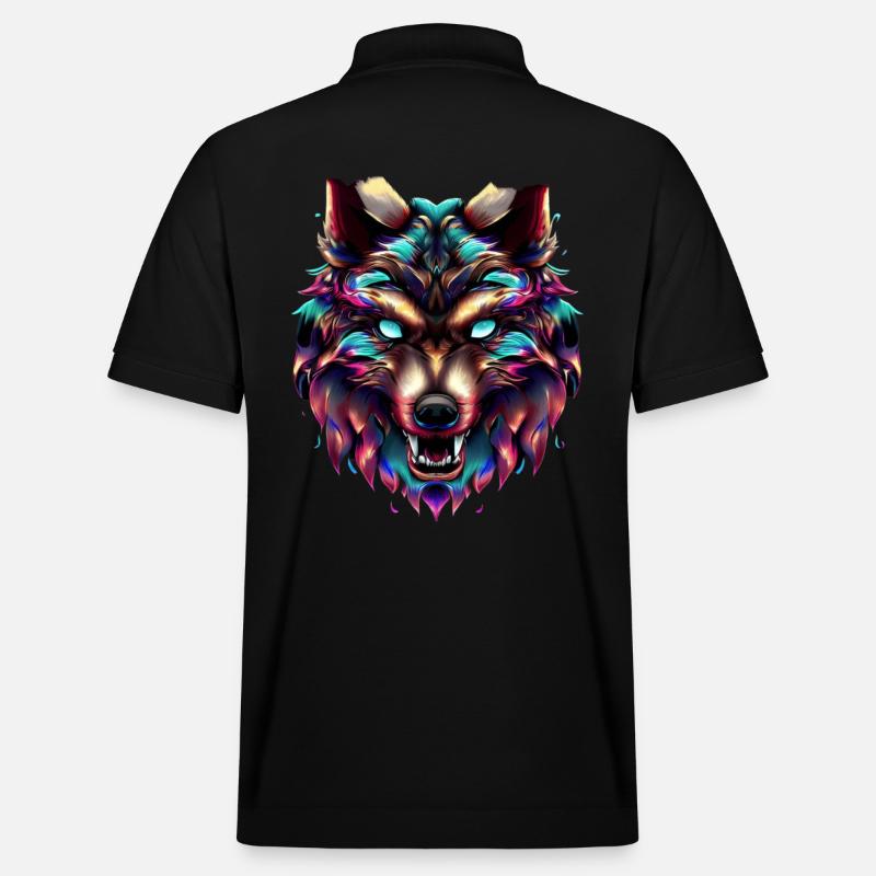 Wolf's Head Synthwave Wolf - Stanley/Stella Unisex Organic Polo Shirt PREPSTER - black