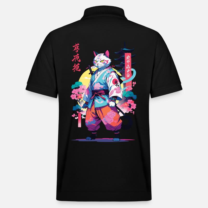 Chat samouraï Vaporwave Esthétique - Polo PREPSTER bio Stanley/Stella Unisexe - noir
