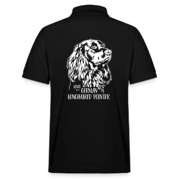 Loved by a German Longhaired Pointer Hund Wilsigns - Stanley/Stella Unisex Bio-Poloshirt PREPSTER - Schwarz - Hinten - Andy (188cm)