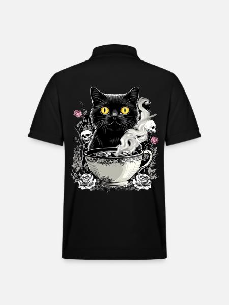 Mystical: Cat with skull coffee - Stanley/Stella Unisex Organic Polo Shirt PREPSTER - black