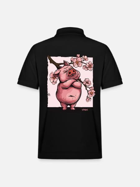 Offended Japanese Sakura Flowers Pig - Stanley/Stella Unisex Organic Polo Shirt PREPSTER - black