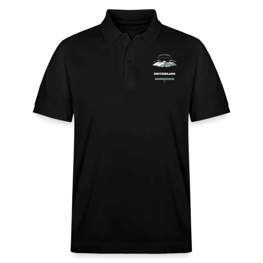 Switzerland badge on a stanley/stella unisex organic polo shirt prepster, black