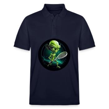 Grüner Alien spielt Weltraum-Tennis - Stanley/Stella Unisex Bio-Poloshirt PREPSTER - Navy - Vorne - Roxy (174cm) & Andy (188cm)