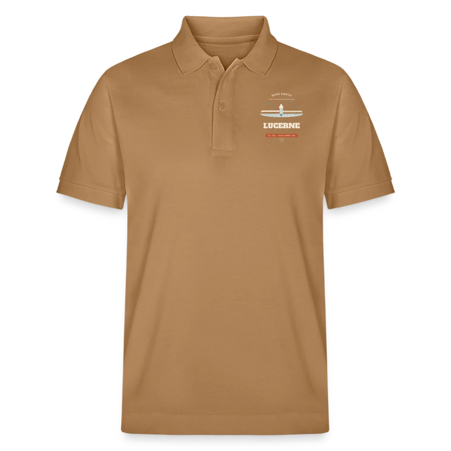 Lucerne badge on a stanley/stella unisex organic polo shirt prepster, latte