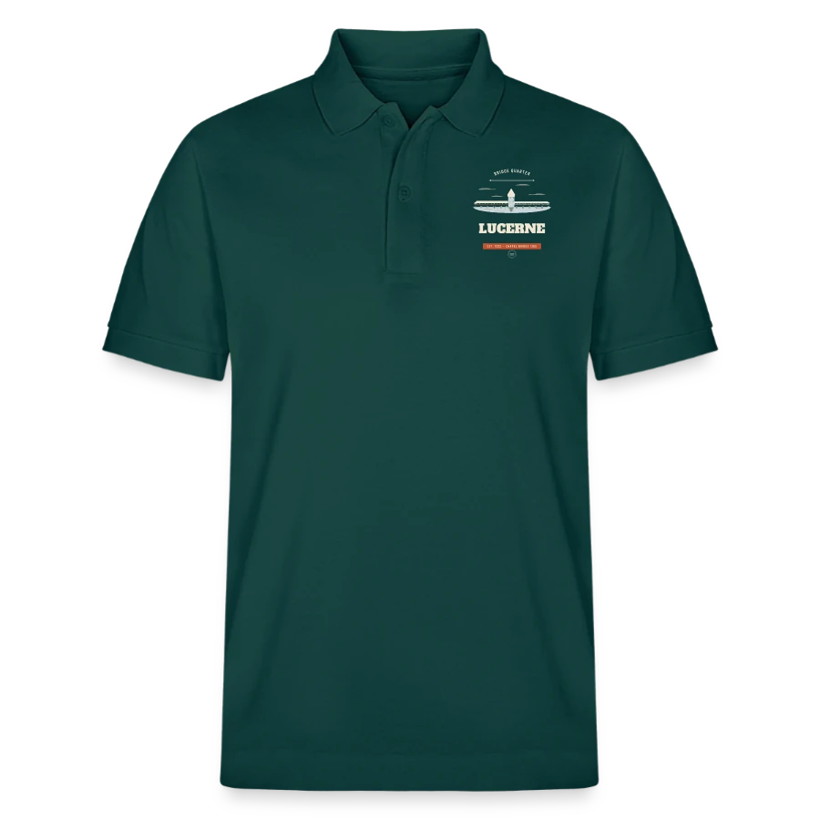 Lucerne badge on a stanley/stella unisex organic polo shirt prepster, glazed green