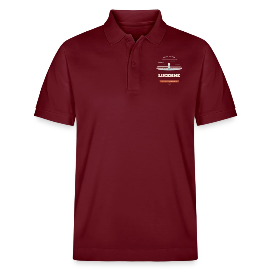 Lucerne badge on a stanley/stella unisex organic polo shirt prepster, burgundy