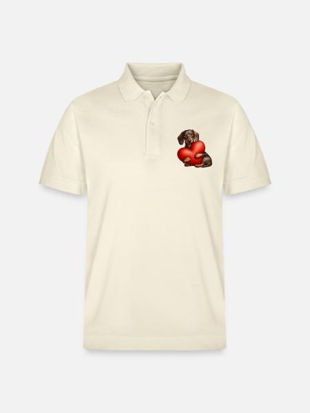 Dachshund Hugging a Red Pillow - Stanley/Stella Unisex Organic Polo Shirt PREPSTER - soft Ecru