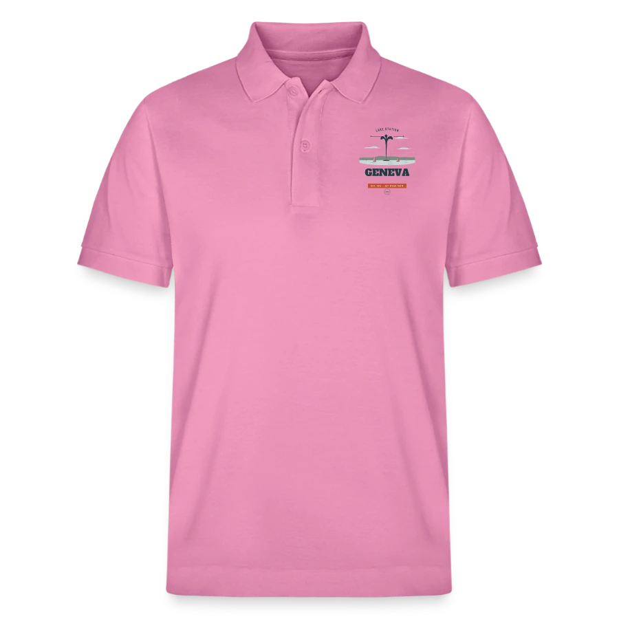 Geneva badge on a stanley/stella unisex organic polo shirt prepster, bubble pink