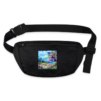 Aquarelle Nature et forêt Pré fleuri Oiseaux et arbre - Sac banane recyclé Stanley/Stella - noir - Devant