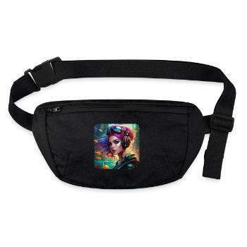 Fille cyberpunk cool avec des écouteurs et du poisson - Sac banane recyclé Stanley/Stella - noir - Devant