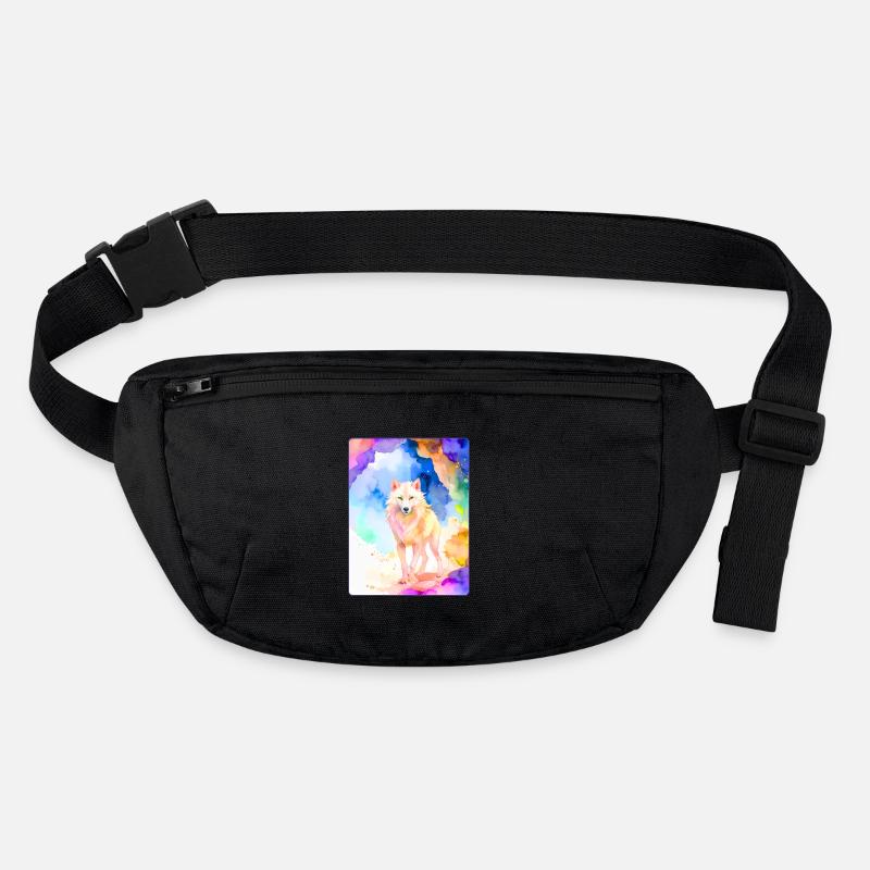 Weißer Wolf vor bunter Höhle Stanley/Stella recycelte Gürteltasche