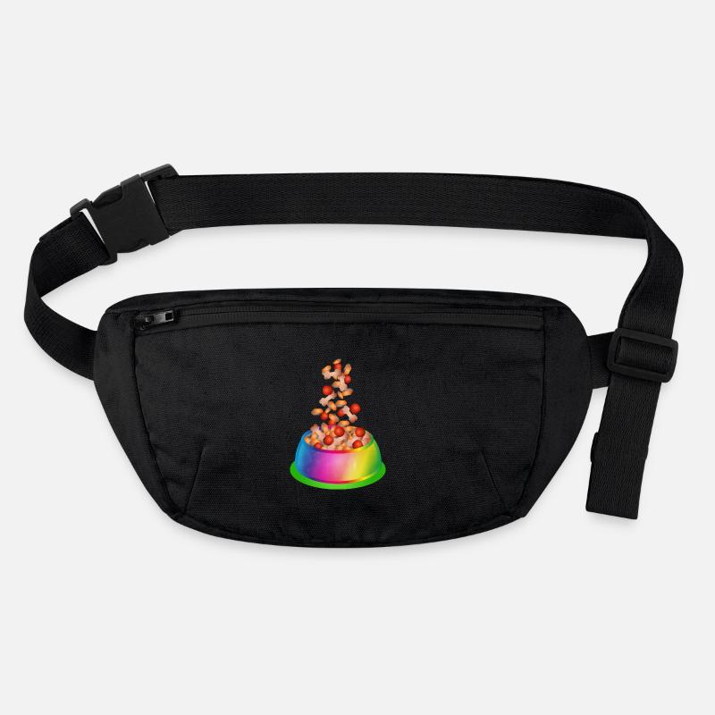 Hundenapf in Regenbogenfarben mit Hundefutter Stanley/Stella recycelte Gürteltasche