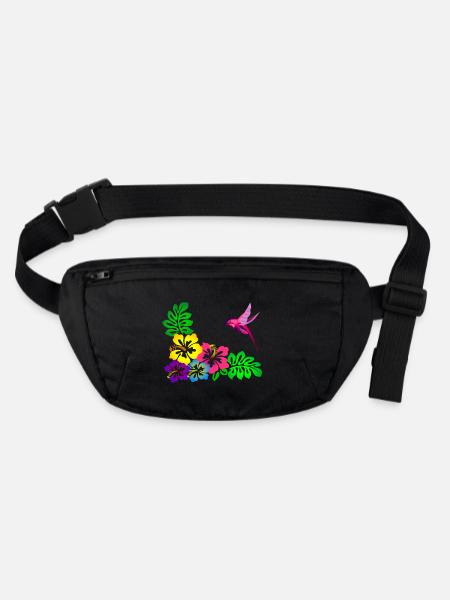 Tropical Hibiscus Motif Hummingbird - Stanley/Stella recycled Hip Bag  - black - Front