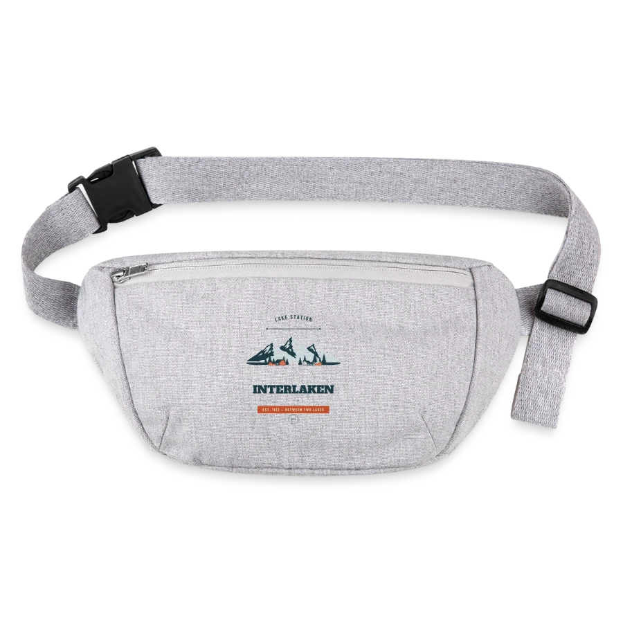 Interlaken badge on a stanley/stella recycled hip bag , heather grey