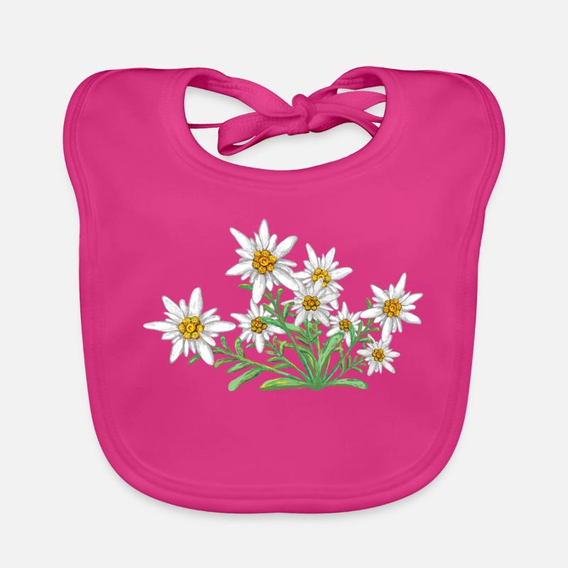 L’Edelweiss, Fleur des Alpes, Fleur de Suisse - Bavoir bio Bébé - fuchsia
