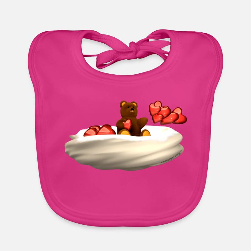 L’ours vole sur un nuage avec des cœurs - Bavoir bio Bébé - fuchsia