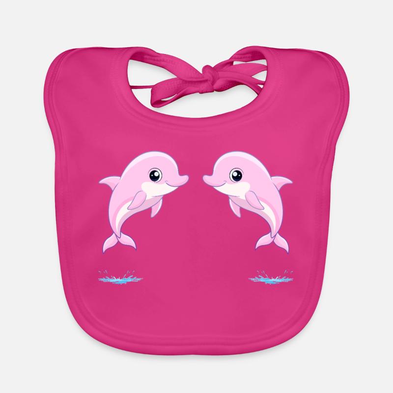Deux bébés dauphins jumeaux rose, sautant joyeusem - Bavoir bio Bébé - fuchsia
