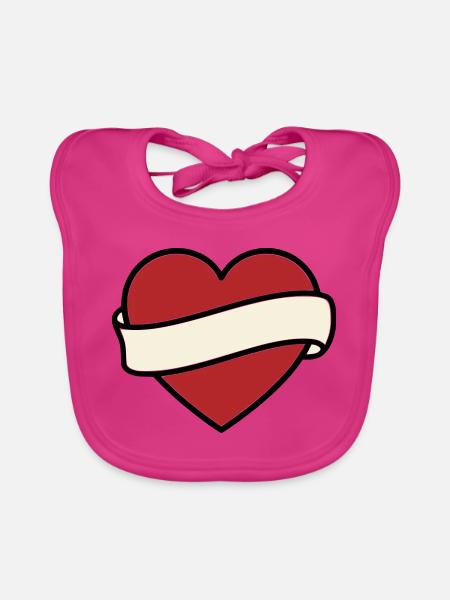 Tattoo Heart Banner Scroll Vector - Organic Baby Bibs - fuchsia - Front