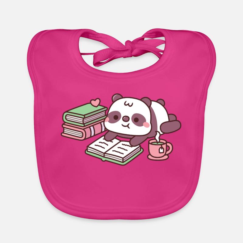 Cute Panda Bear Chilling With Books And Tea Organic Baby Bibs
