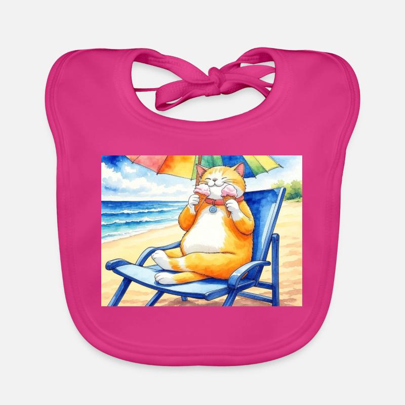 Chat sur la plage avec une glace - Bavoir bio Bébé - fuchsia
