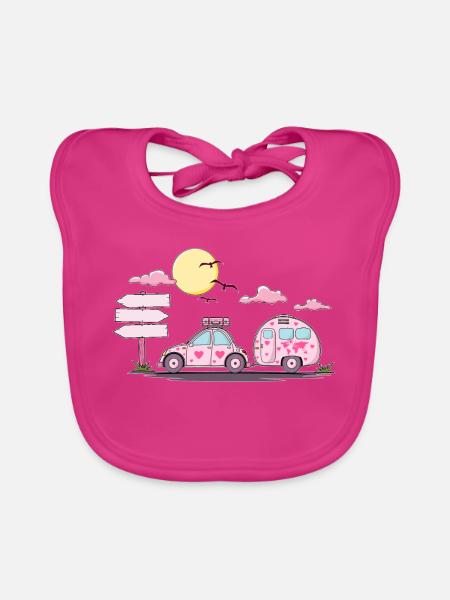 Wohnwagen mit Wunschtext – Rosanes Campingwagen - Baby Bio-Lätzchen - Fuchsia