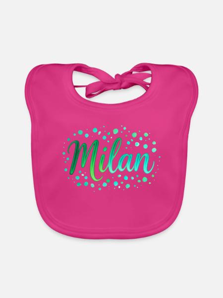 Name Milan Neon-Grün Schrift mit Tupfen - Aquarell - Baby Bio-Lätzchen - Fuchsia