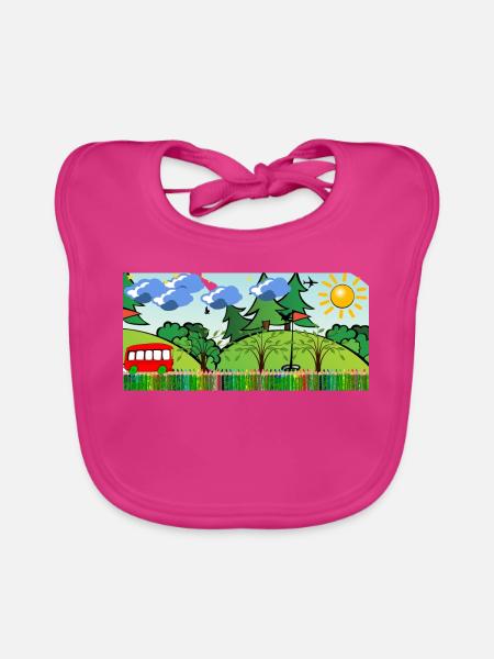 Sonnenfröhliche Waldlandschaft mit Bus - Baby Bio-Lätzchen - Fuchsia