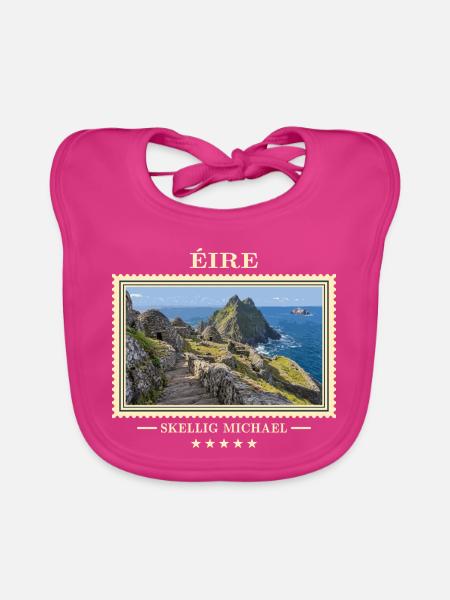 Irland Skellig Michael Vintage Reisemarke - Baby Bio-Lätzchen - Fuchsia - Vorne