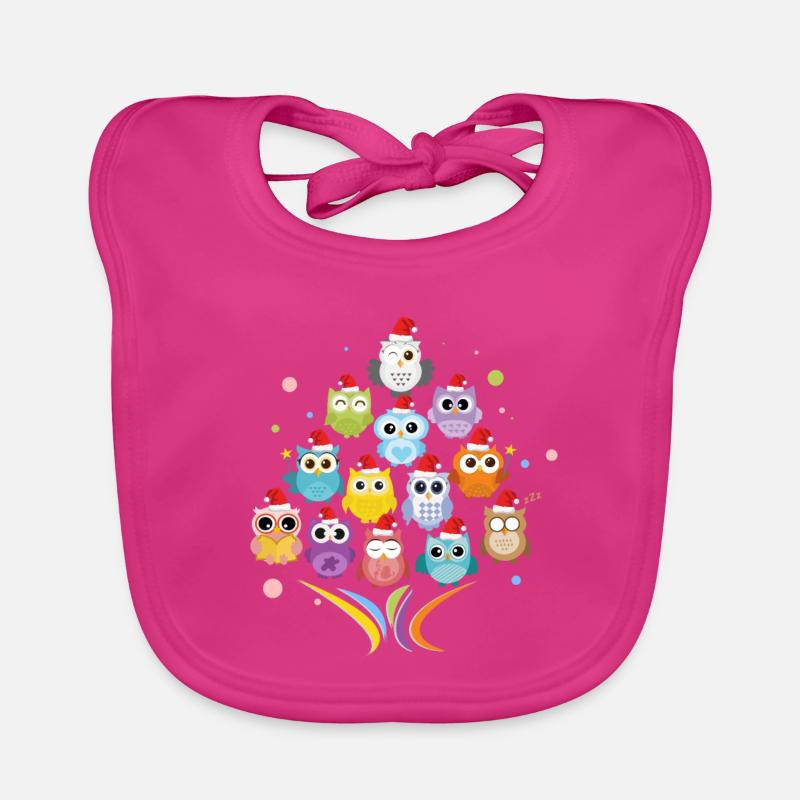 Weihnachtsgeschenke. Tannenbaum - Tiere - Eulen - Baby Bio-Lätzchen - Fuchsia