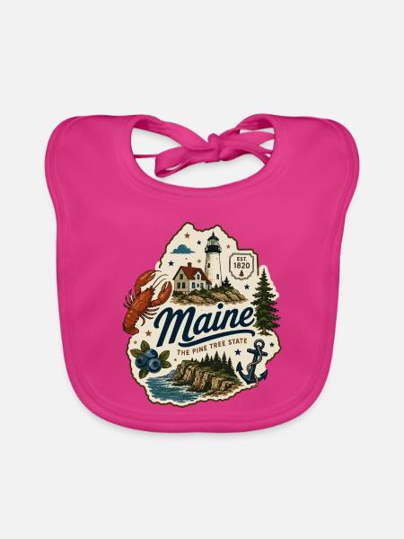 Maine Pine Tree State Vintage Küstenaufkleber - Baby Bio-Lätzchen - Fuchsia - Vorne