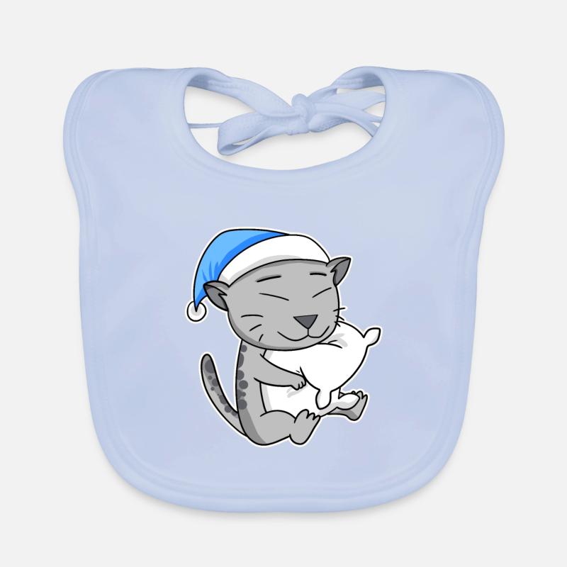 Sleeping Tired - Cat with Pillow and Sleepy Cap Organic Baby Bibs