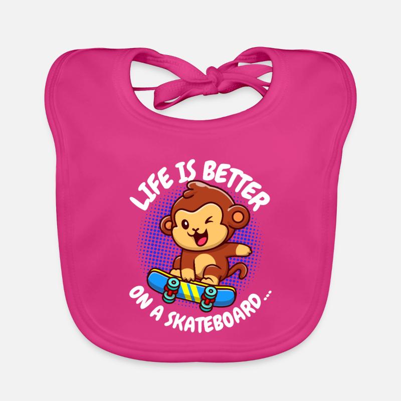 La vie est meilleure Skateboard Monkey Monkey - Bavoir bio Bébé - fuchsia