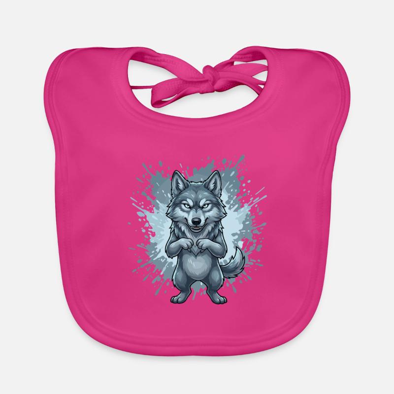 Blue Wolf Cartoon with Splash Background Organic Baby Bibs