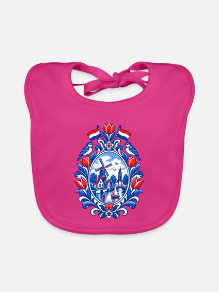 Niederlande | Tulpen, Windmühle & Kanal - Baby Bio-Lätzchen - Fuchsia - Vorne