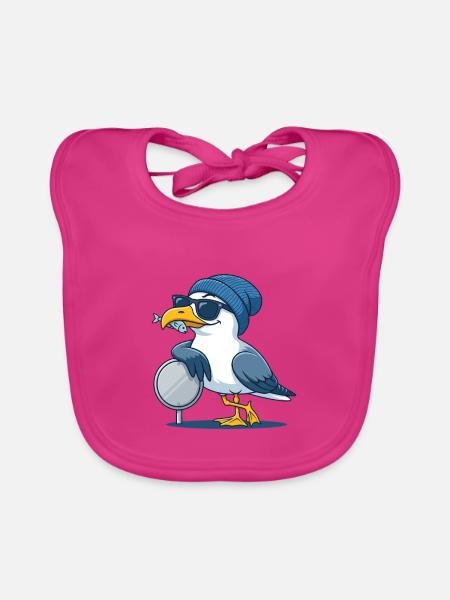 Coole Möwe mit Sonnenbrille und Fisch - Baby Bio-Lätzchen - Fuchsia - Vorne
