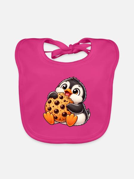 Süßer Pinguin Cartoon mit Keks Nachtisch - Baby Bio-Lätzchen - Fuchsia - Vorne