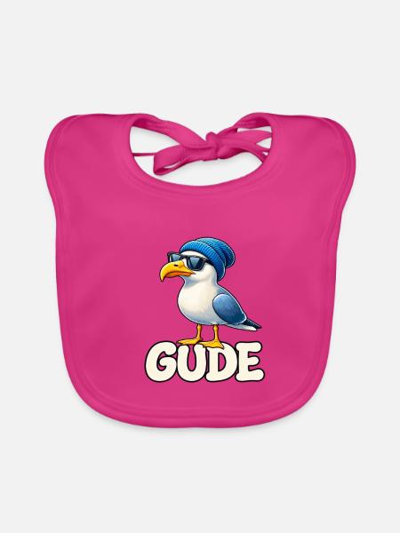 Seemöwe mit Mütze und Sonnenbrille und GUDE - Baby Bio-Lätzchen - Fuchsia - Vorne