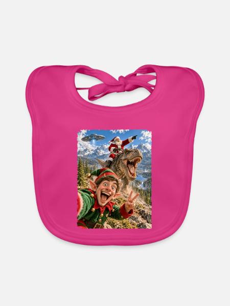 Lustiges Elf Selfie mit Weihnachtsmann, T-Rex, UFO - Baby Bio-Lätzchen - Fuchsia - Vorne
